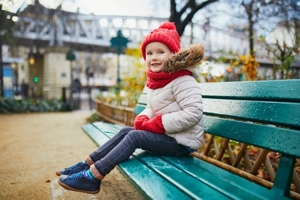 Happy Cheerful Preschooler Girl Sitting Bench Street Paris France — Stock Photo, Image