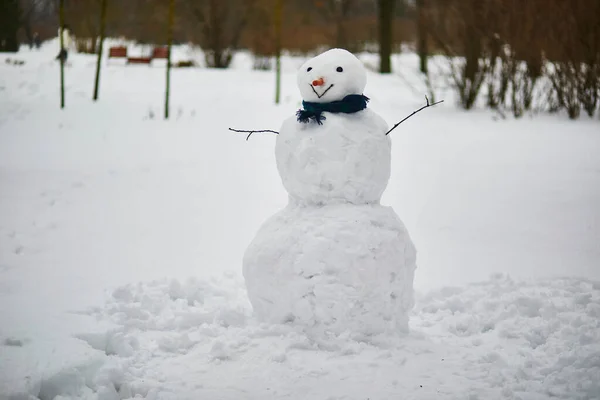 Grote Sneeuwpop Met Vrolijk Gezicht Wortelneus Sjaal Een Winterdag Winteractiviteiten — Stockfoto