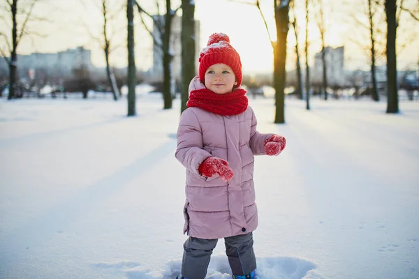 Menina Pré Escolar Adorável Divertindo Belo Parque Inverno Dia Frio — Fotografia de Stock