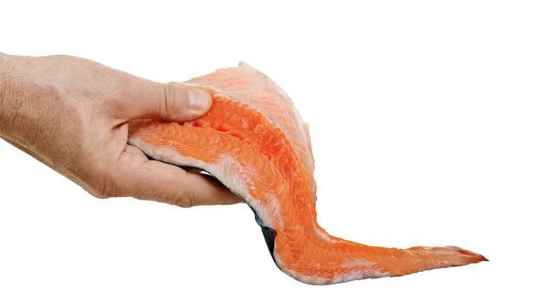 Raw salmon in hand. — Stock Photo, Image