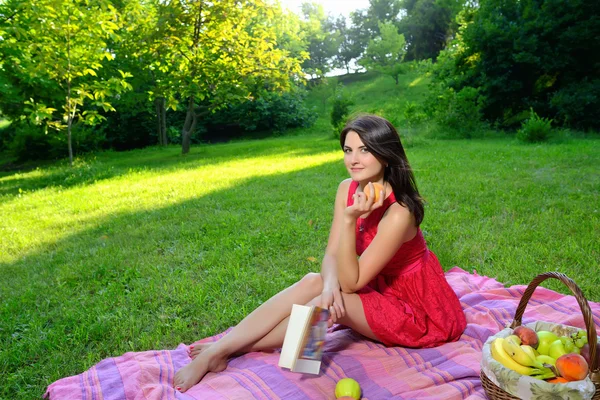 Bella ragazza in un abito rosa su un picnic — Foto Stock