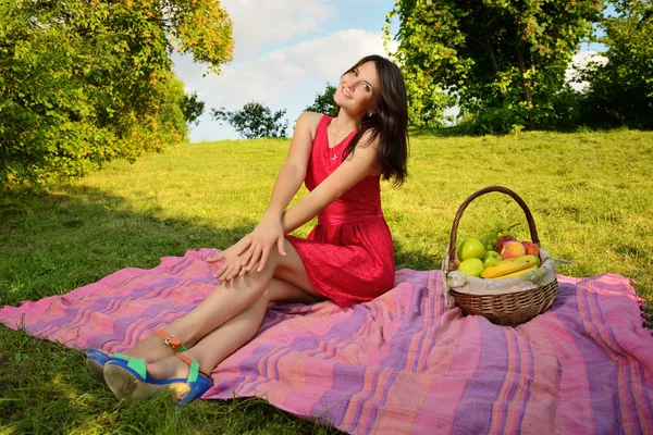 Schöne Mädchen in einem rosa Kleid auf einem Picknick — Stockfoto