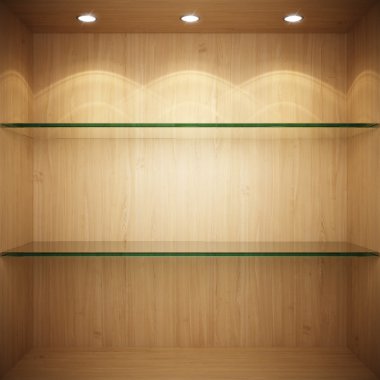 Empty wooden showcase with glass shelves