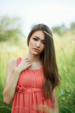 Beautiful young girl dreams in the field