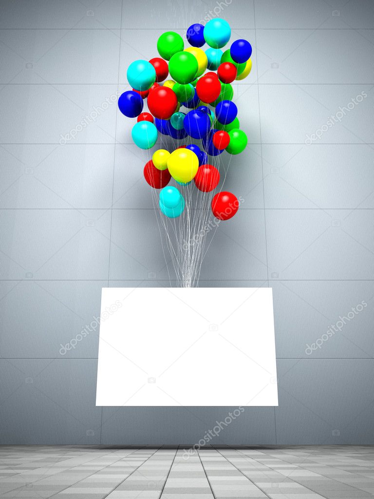 Advertising poster hanging on the balloons
