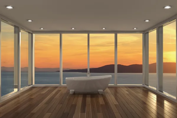 Moderní koupelna s velkým arkýřovým oknem — Stock fotografie