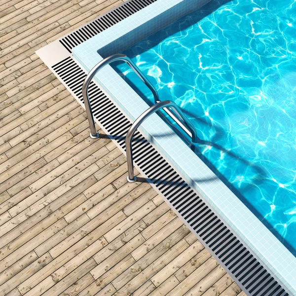 Piscina com deck de madeira — Fotografia de Stock