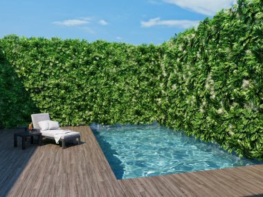 Yeşil bahçe havuzu ve güneşli yatağı olan dinlenme alanı. 3B illüstrasyon, görüntüleme.