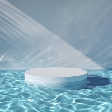 Azure water with stand for product, caustic effect, light shadow pattern, 3D illustration, rendering.