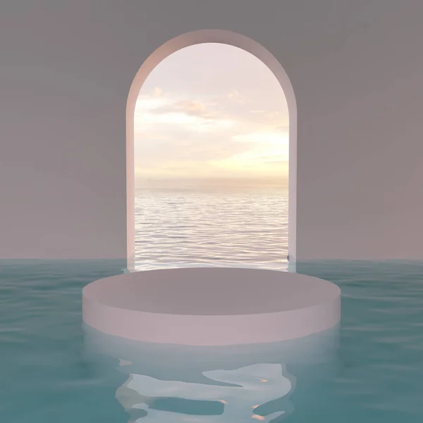 Podium Product Sea Sunset Building Arched Window Illustration Rendering — Stockfoto