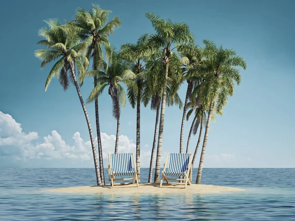 Insel Meer Sandstrand Mit Liegestühlen Und Palmen Illustration Rendering Stockbild