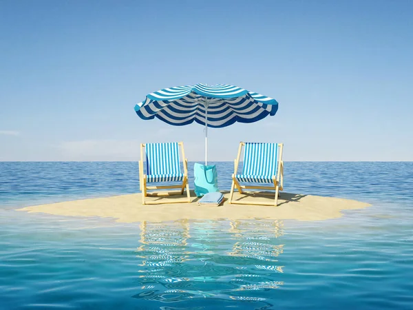 Island Sea Sandy Beach Sun Lounger Umbrella Illustration Rendering Imagen de archivo