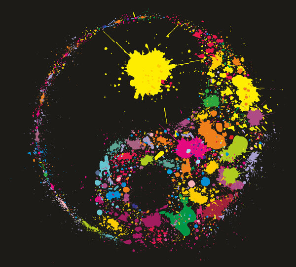 Grunge Yin Yan symbol made of colourful paint splashes