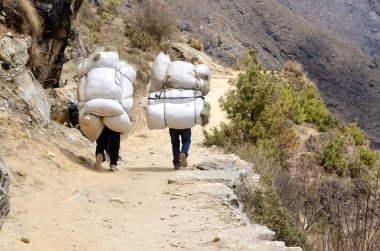 Two sherpa porters carrying heavy sacks in Himalayas,Nepal