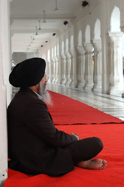 Starý muž meditující uvnitř slavné náboženské památky města Paňdžábu - Zlatý chrám, hlavní svatyně Sikh náboženství, Indie — Stock fotografie