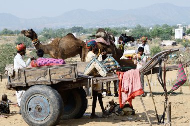 Tribal gypsy people are preparing to traditional cattle fair holiday in nomadic camp,Pushkar,India clipart
