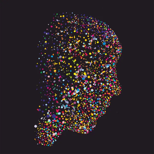 Грандиозный абстрактный силуэт головы человека, сделанный из красочных точек — стоковый вектор