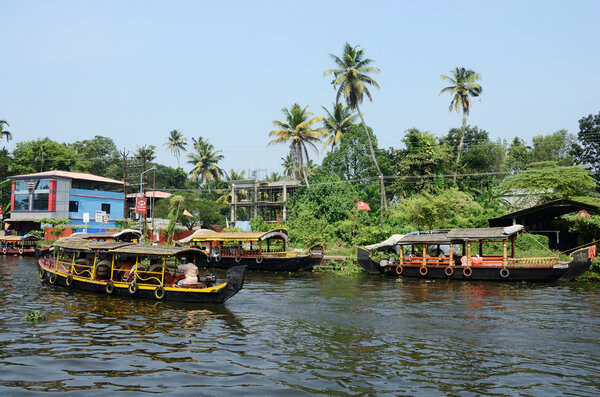 tourist boats at Kerala backwaters  in Alleppey,Kerala,India