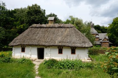 Beyaz geleneksel Ukrayna kırsal Ahşap evin saman çatı