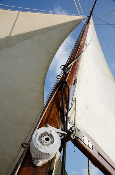 Boat standing and running rigging - mainsail,backstay,pulley blocks,winch,rope and guy lines — Stock Photo, Image