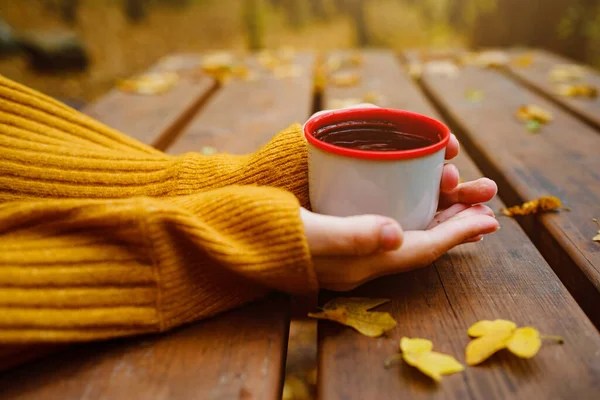 Tazza di tè caldo in mani femminili tenendolo su autunno di legno — Foto Stock