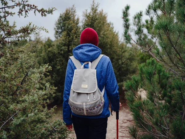 Retrato de mujer excursionista de pie en la ladera de la montaña — Foto de Stock