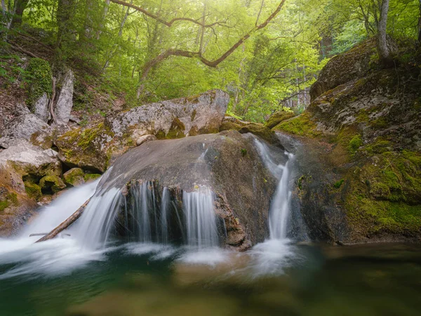 Kis folyó mélyen a zöld erdőkben — Stock Fotó