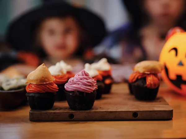 Happy Halloween Carving Pumpkin Candy Cookies Muffins Candy Bowl Table — Stock Photo, Image