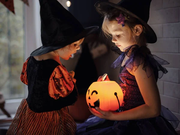 Halloween Holiday Childhood Concept Happy Children Costumes Witch Dark House — Stock Photo, Image