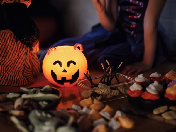 Happy Halloween Carving Pumpkin Candy Cookies Muffins Candy Bowl Table — Stock Photo, Image