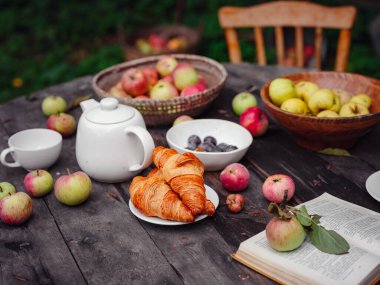 Elma bahçesinde güzel bir sonbahar, fincanı, çaydanlığı, elması ve kitabı olan eski bir masa. Güz Kaçamağı, Elma toplama ve Hasat Günü Kutlama Konsepti