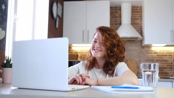 Mulher usar aplicativo de chamada de vídeo laptop conversando com o amigo remotamente — Vídeo de Stock