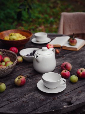 Elma bahçesinde güzel bir sonbahar, fincanı, çaydanlığı, elması ve kitabı olan eski bir masa. Güz Kaçamağı, Elma toplama ve Hasat Günü Kutlama Konsepti