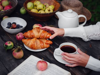 Sonbahar düzlüklerinde kadın elleri kahve, elma, kruvasan, erik ve kitapla yatıyordu..