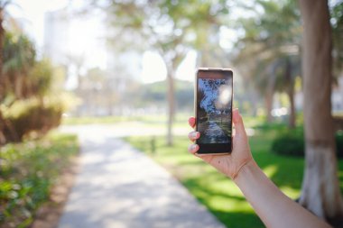 Turist kadın elleri bulanık bir yaz geçmişine karşı bir alet tutuyor.