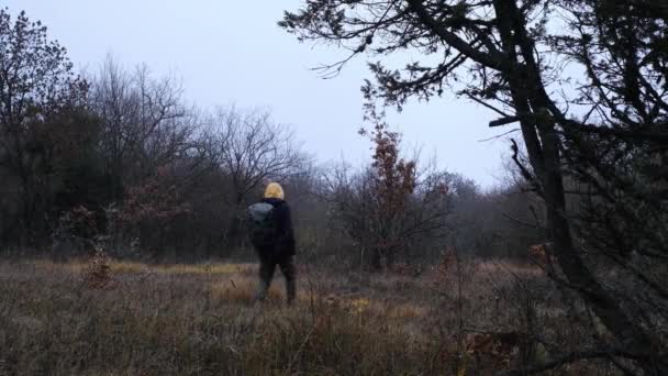 Młody człowiek przemierzający wzgórza w mglistym jesiennym lesie. — Wideo stockowe