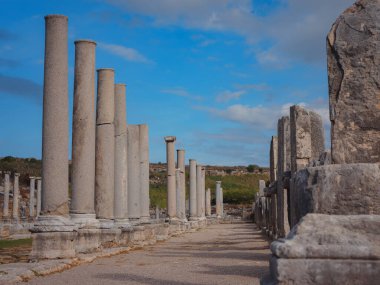 Büyük gökyüzü manzaralı Agora sütunları Perge veya Perga antik Yunan kenti - bir zamanlar Antalya Türkiye 'nin başkenti olan Pamphylia' da Ekim öğleden sonra.
