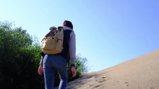 Backpacker kobieta spacery po Patara wydmy plaży — Wideo stockowe