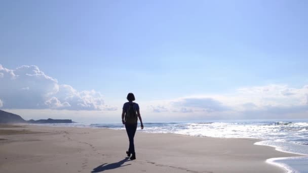 パタラ砂丘ビーチを歩くバックパッカー女性 — ストック動画