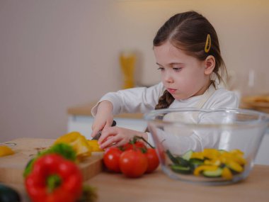 Genç Vlogger kız evde yemek pişirme hakkında sosyal medya videosu yapıyor, tripodla akıllı telefona bakıyor. Sağlıklı beslenmeyle ilgili bölüm. Çocukları erken yaşta sağlıklı beslenmeye çekme kavramı