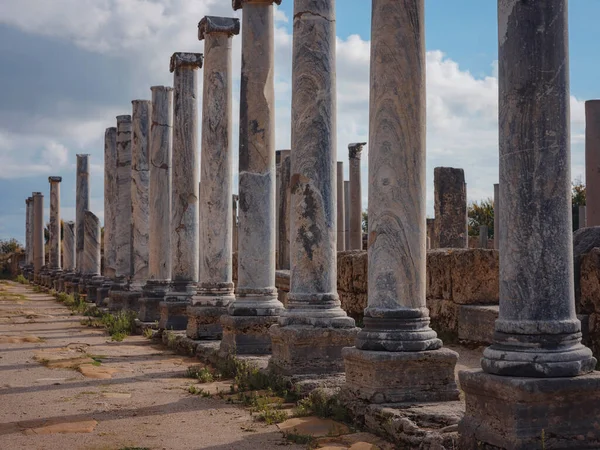 Büyük gökyüzü manzaralı Agora sütunları Perge veya Perga antik Yunan kenti - bir zamanlar Antalya Türkiye 'nin başkenti olan Pamphylia' da Ekim öğleden sonra.
