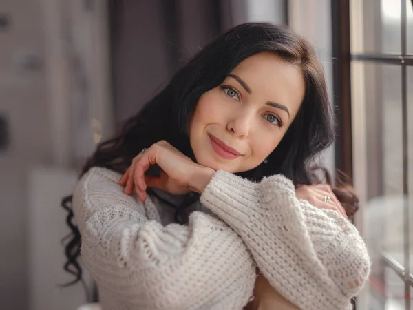 Beautiful Young Woman Window Home Free Time Relax Happy Lady — Fotografia de Stock