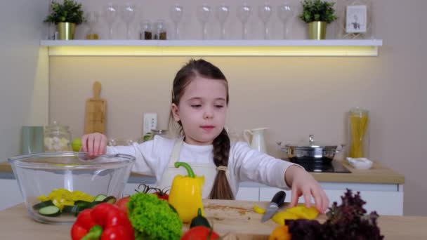 Молода дівчина відеоблогер створення соціальних медіа відео про приготування їжі для Інтернету вдома — стокове відео