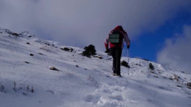 Climber reaches the top of snowy mountain on sunny winter day.