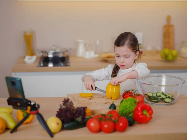 Young Girl Vlogger haciendo video de redes sociales sobre cocinar para Internet en casa — Foto de Stock