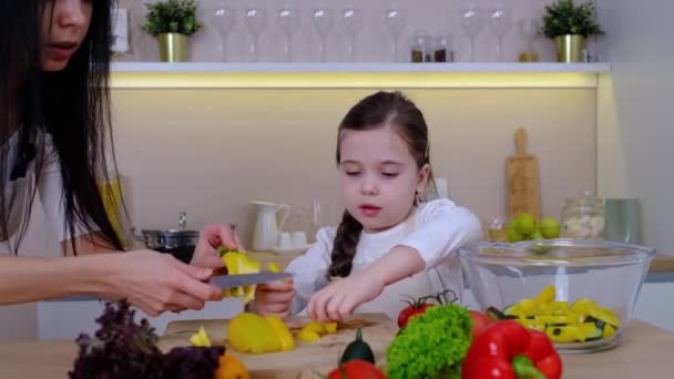 幸せな母親と娘はキッチンで一緒に新鮮なサラダを準備をお楽しみください 家庭での健康食品 健康的なライフスタイルと食事のコンセプト 健康的な食事についての小さな影響力のある撮影ブログ — ストック動画