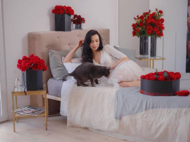 Beyaz elbiseli genç bir kadın gri kediyle yatakta oturuyor. Sabah aşkı yatak odası. Yıldönümü, mutlu yıllar, düğün, aşk günü, kadınlar günü, sevgililer günü ve olumlu duygular.