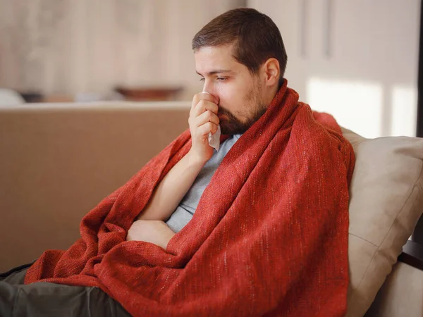 Coronavirus Sick Man Corona Virus Lying Sofa Recovery Illness Home — Fotografia de Stock