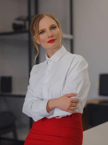 Business woman working in office. Online business, young professional in workplace. Portrait of attractive cheerful lady hr leader director real estate agency broker at work place station indoors