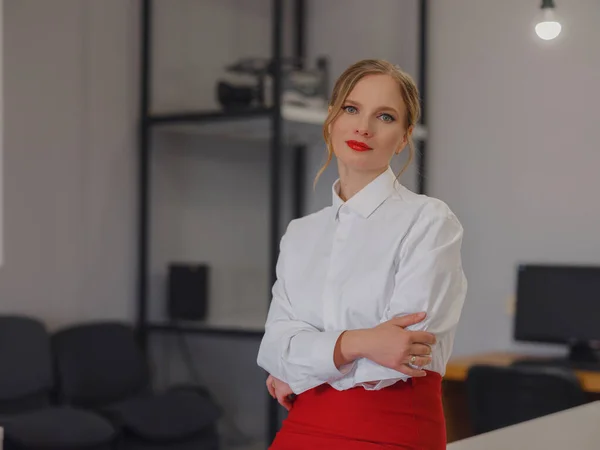 Business woman working in office. Online business, young professional in workplace. Portrait of attractive cheerful lady hr leader director real estate agency broker at work place station indoors